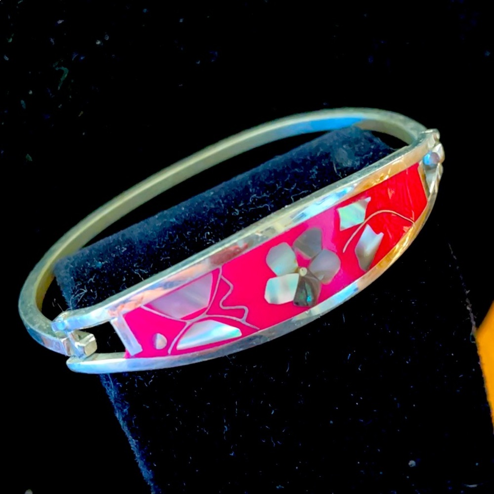 Sterling bracelet with pink/MoP/abalone inset.
